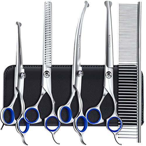 Gimars Titanium Coated Professional 6 in 1 4CR Stainless Steel Dog Grooming Scissors with Safety Round Tip, Heavy Duty Pet Grooming Scissor for Dogs, Cats and Other Animals